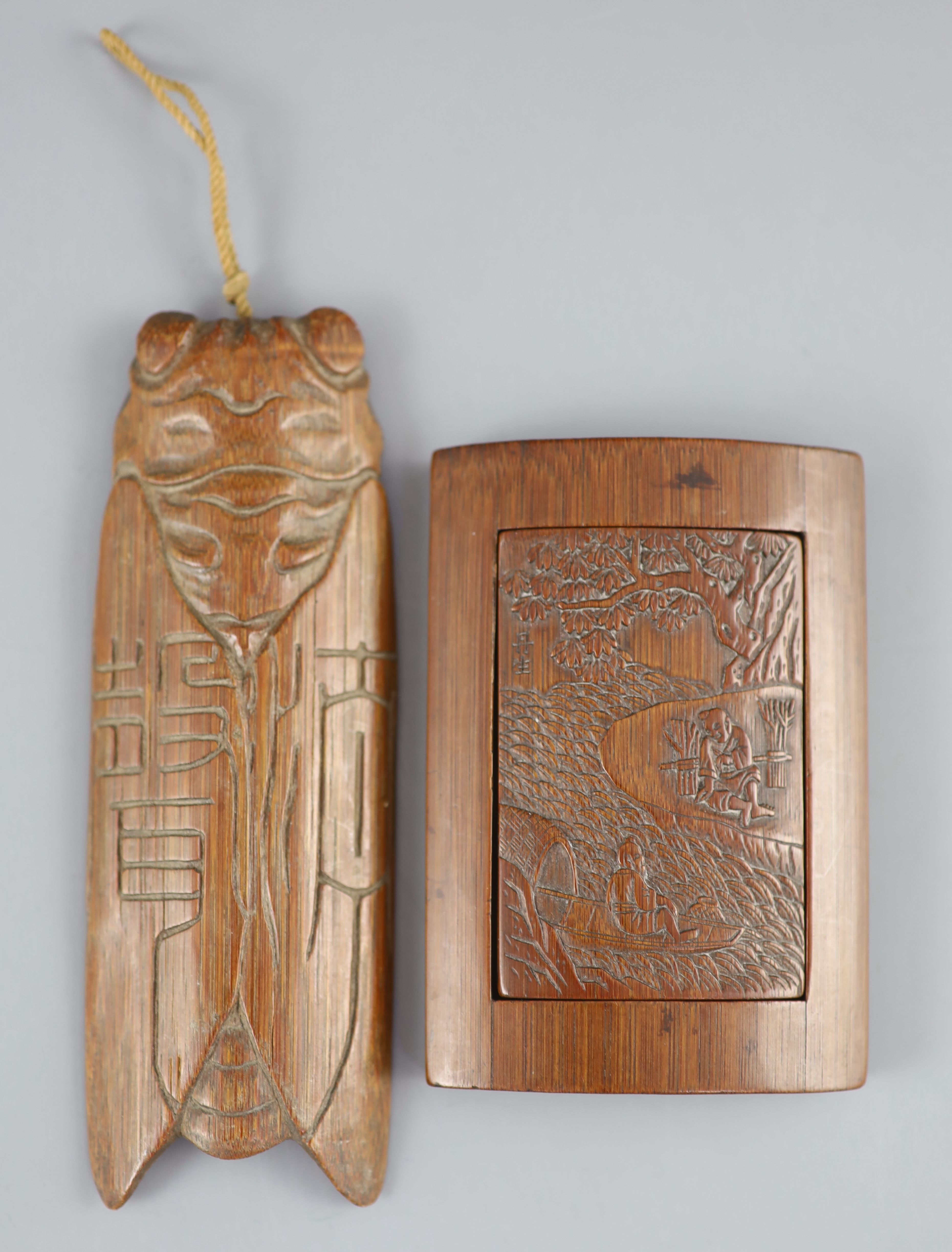 A Chinese bamboo rest or stand and a bamboo cicada charm or rest, 18th/19th century,